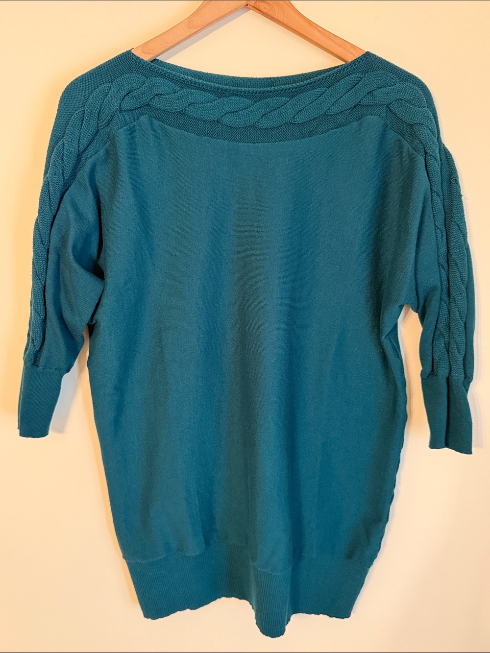 THE LIMITED Teal Green Boat Neck Cable Knit Accent Sweater 3/4 Sleeve